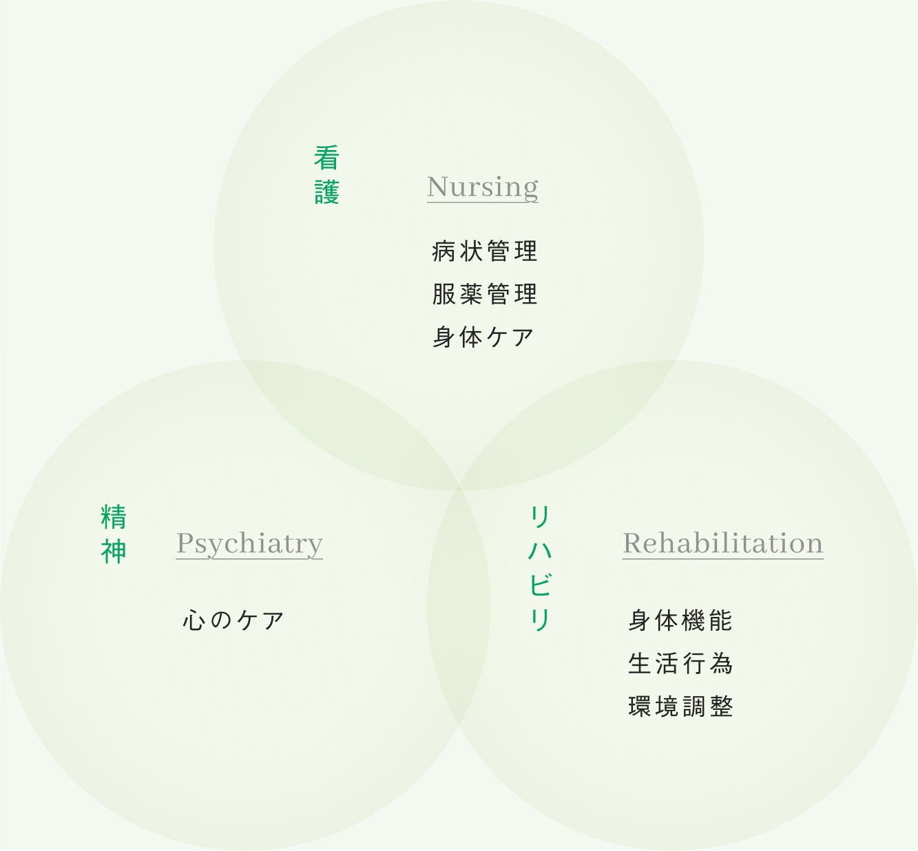 看護・精神・リハビリの3つの分野を表す図